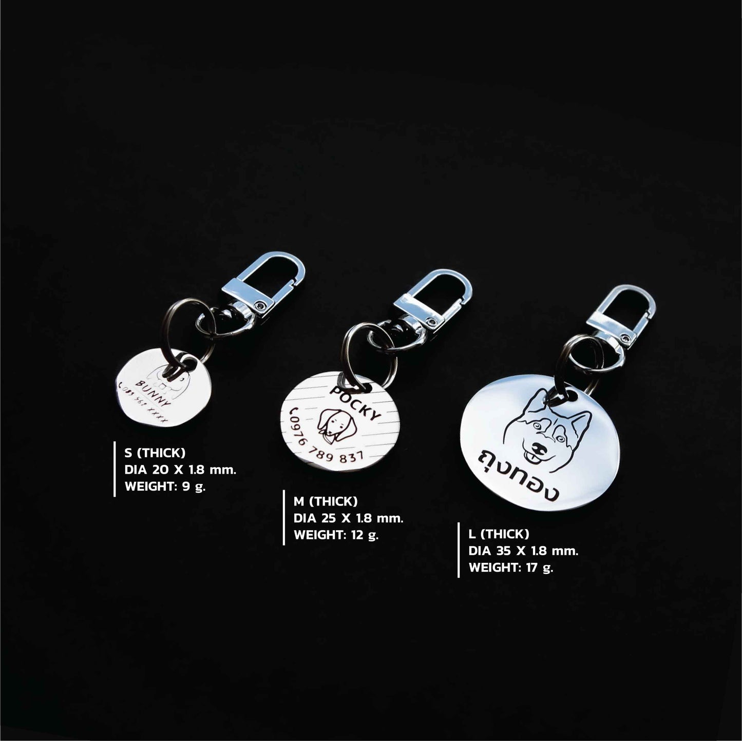 Pet ID tag silver stainless steel (THICK) easy hook Personalized engraved